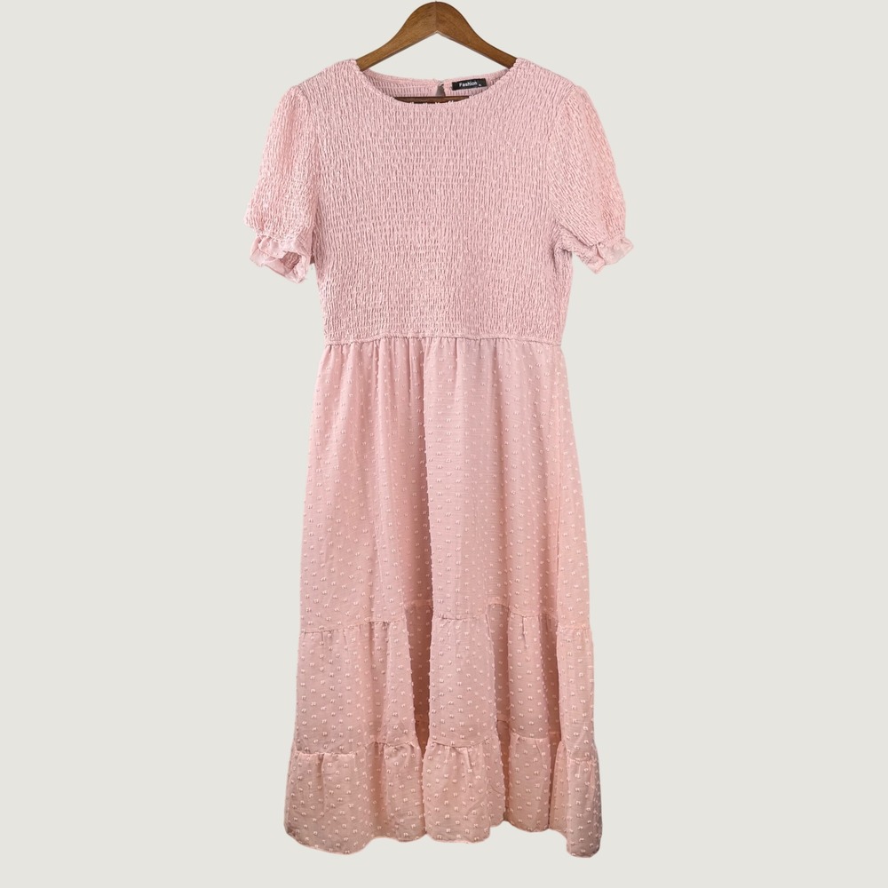 Smocked Swiss Dot Tiered Midi Dress XL Pink Cottagecore Sheer Lined Modest Girly